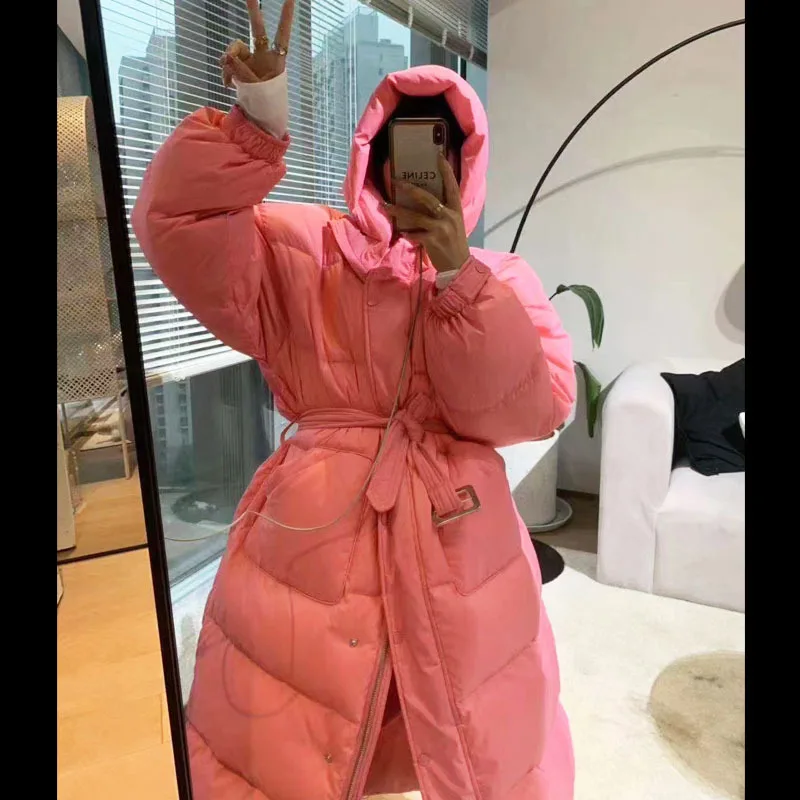 Women 2021 New Casual Waist Waist Hooded Bread Jacket Women Streetwear Korean Simple Belt Long Knee-length Straight Down Jacket