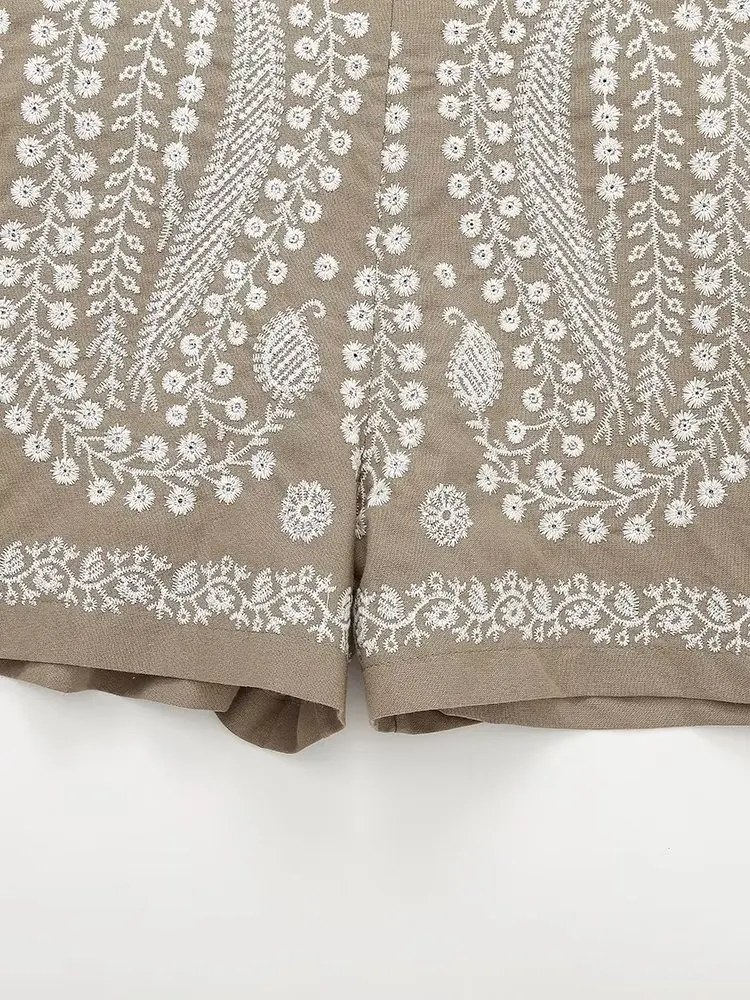 Elmsk Moroccan Bohemia Retro Embroidery Hollow Casual Summer Shorts High Waist Cotton Bermuda Shorts Women