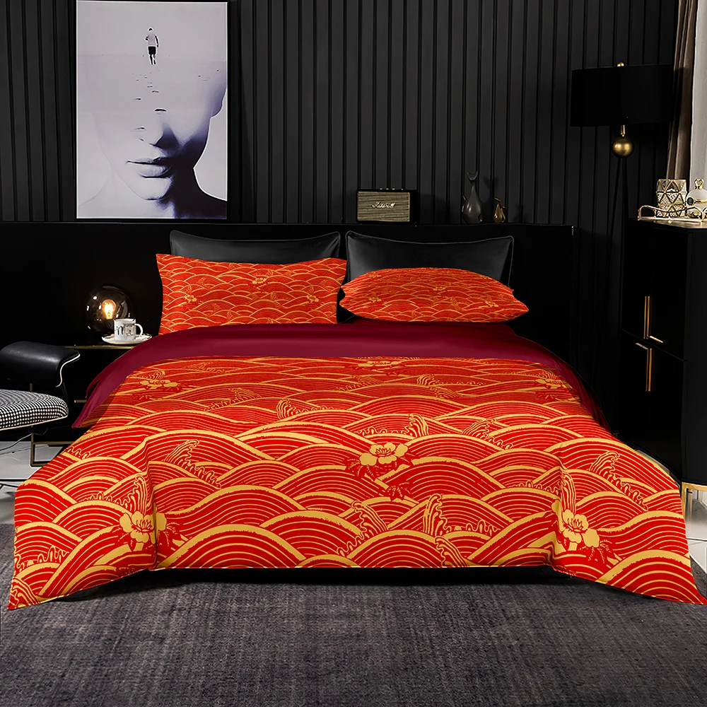 

Golden Wave Print Bedding Set Luxury Bright Red Duvet Cover Set Bedclothes 2/3pcs Chinese Style for King Queen Size Home Textile