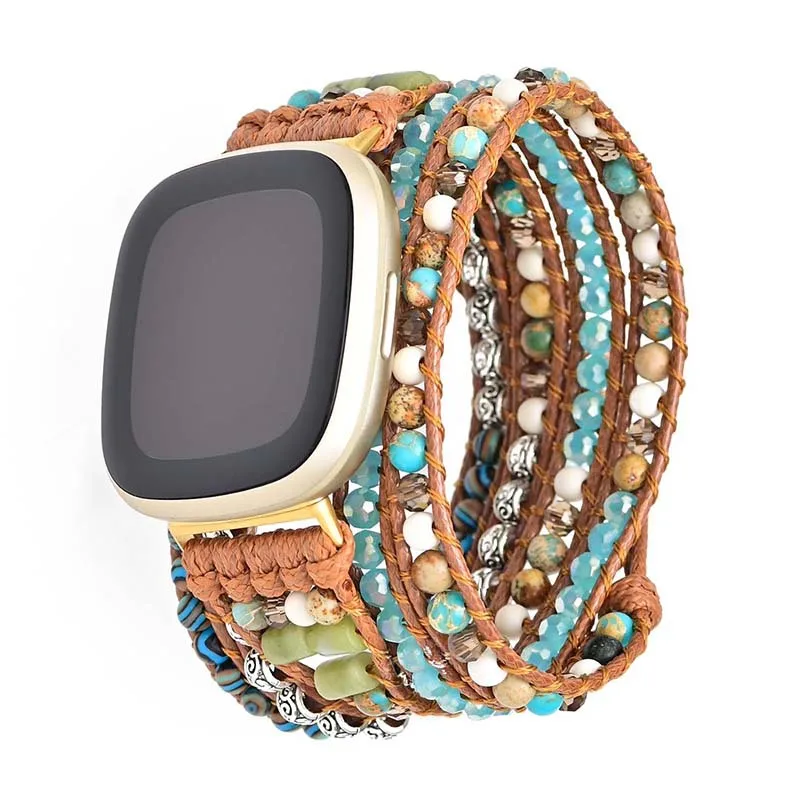 Natural Gemstone Beads Bracelet Strap For Fitbit Versa 1 2 3 4 Band Rope Woven Bohemian Watchband For Fitbit Sense/Sense 2