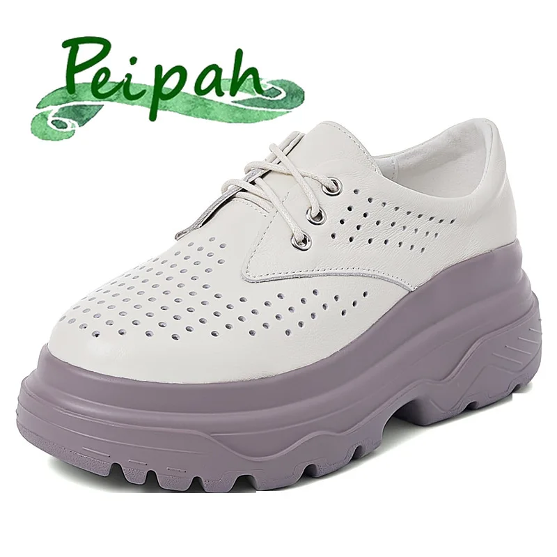 

PEIPAH Summer Hollow Out Platform Shoes For Women Lace Up Genuine Leather Punk Flats Ladies Solid Casual Fashion Footwear
