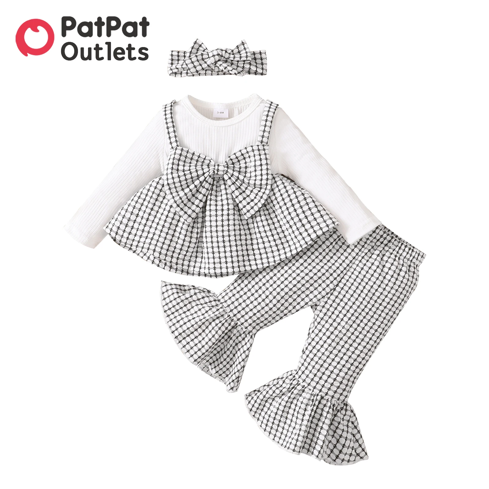 

PatPat Baby Girl Clothes New Born Mother Kids Babies Items Costume 3pcs Black Plaid Bowknot Long-sleeve Top and Flared Pants Set