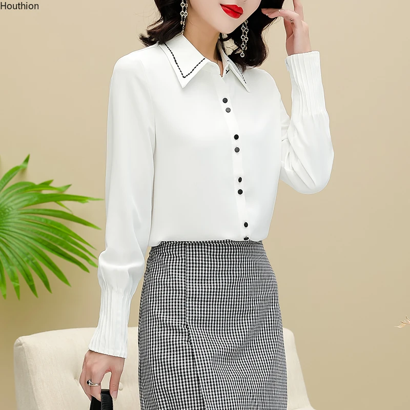 

Chiffon Loose Women's Blouses New Fashion Solid Polo Shirt Summer Casual Long Sleeve Female Clothing