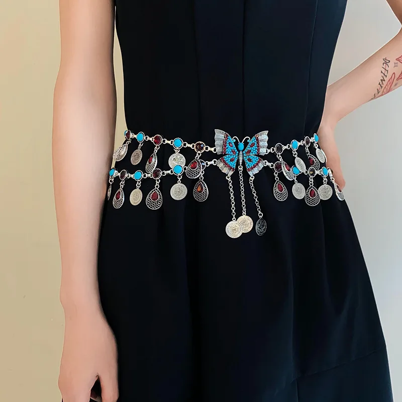 Двухслойная цепочка для тела в этническом стиле с бабочкой и кисточкой