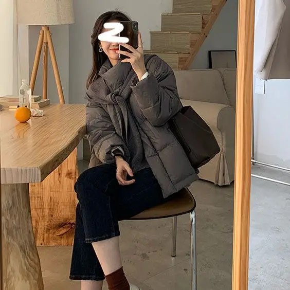 Women 2023 New Winter Korean Style White Duck Down Jacket Fashion Casual Female Loose Solid Long Sleeve Coats Clothing C60