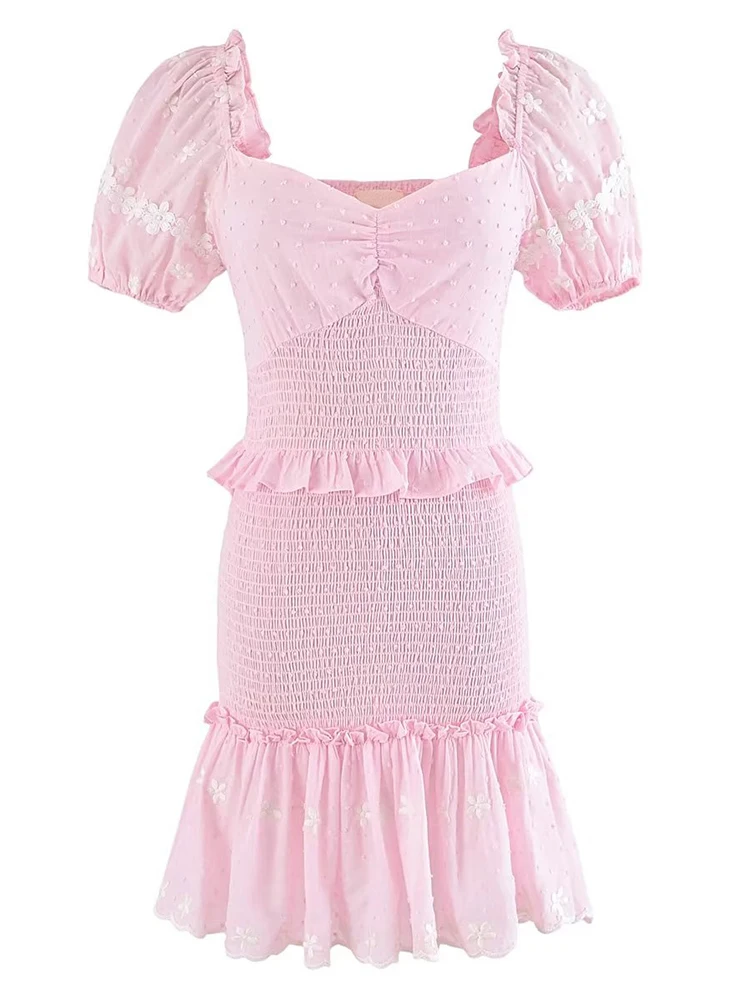 

YENKYE 2023 Women Floral Sweet Pink Elastic Princess Dress Vintage Puff Sleeve V Neck Ladies Party Mini Dresses Sexy Robe
