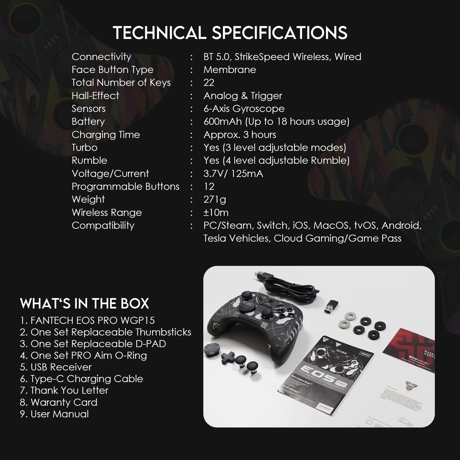 Беспроводной геймпад FANTECH EOS PRO WGP15, Джойстики с эффектом Холла и триггеры, быстросъемный замок для FPS, проводной геймпад для ПК (art.: 3920c8d409875) - 3920c8d409875