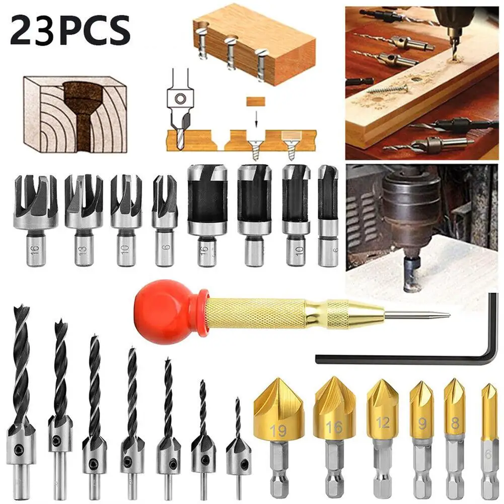 

23Pcs/set Woodworking Chamfer Drilling Tools Drill Bits Set Wood Plug Cutter Automatic Countersink Drill Bits with L-wrench