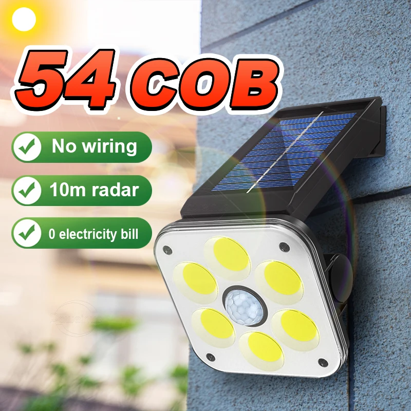 

Newest 54COB Solar LED Outdoor Light 10m Radar Sensing IP65 Waterproof 3 Modes Street Wall Light Garden Outdoor Solar Lamp Light
