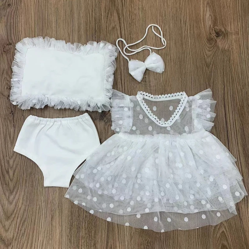 ❤️Newborn Photography Clothing Bow Headband+Dress+Shorts+Pillow 4Pcs/set Baby Girl Photo Props Accessories Infant Shoot Outfits