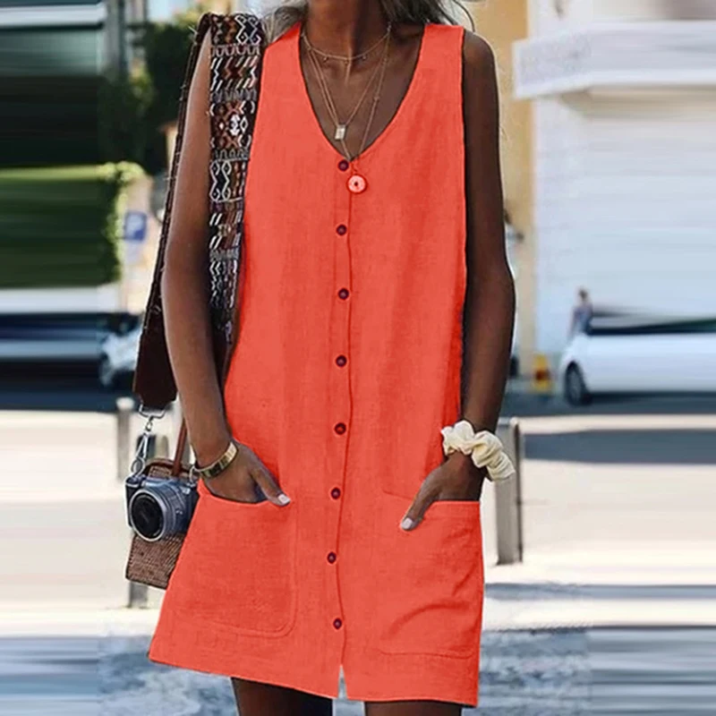 

Винтажный Оранжевый сарафан, женское летнее платье 2022, соблазнительное платье в стиле бохо, однотонное пляжное женское мини-платье на пугов...