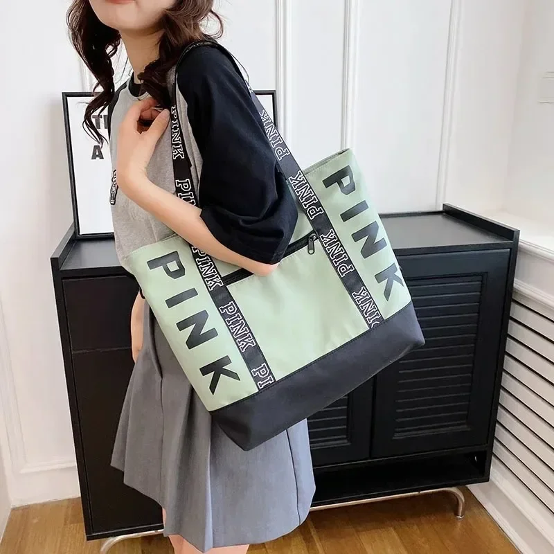 

Colorblock Pink Letter Graphic Tote Handbags Woman Shoulder Bags Casual Sports Fitness Tote Bag Women Handbag Nylon Fabric