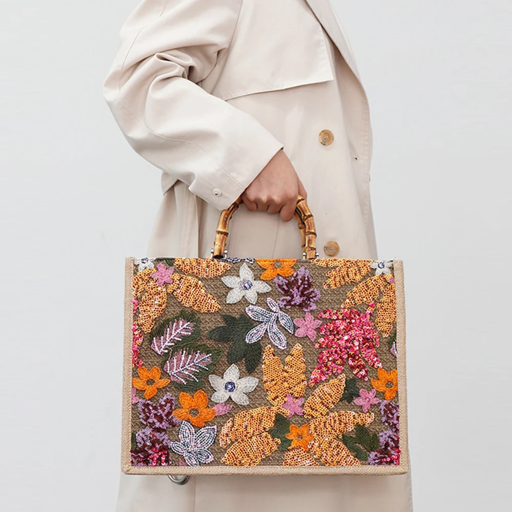 Sequins Linne Tote Bag Bamboo Handle Women's Handbags Flower Embroidery Woven Bag Large Beach Shopper Designer Bags for Women