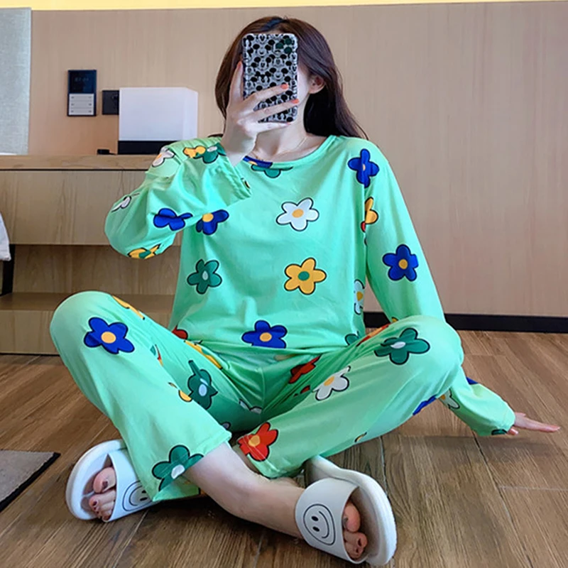 

2pieces Pajamas Set Korea Autumn Women Girls Casual Round Neck Long Sleeve Sleepwear Fashion Floral Print Female Sleepwear