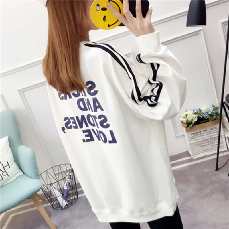 Autumn Spring New Women striated Patchhwork Letter Prints Drop-Shoulder O-Neck Female Loose Casual Sweatshirts ZX894