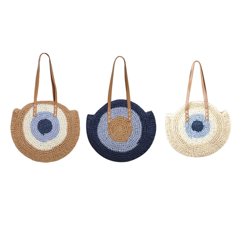 

Beach Bag Shoulder Bag with Zipper Round Bag Tote Bag Straw Handbag for Daily