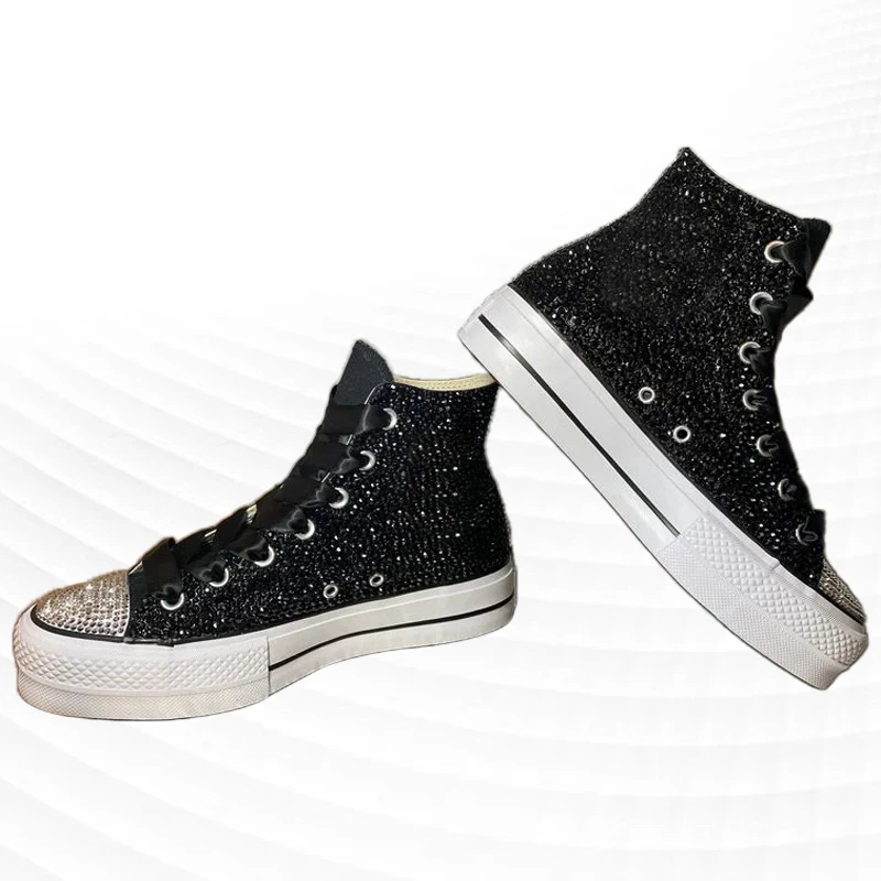 

High-top ribbon rhinestone canvas shoes niche dream simple star girl custom thick bottom casual banquet shoes 35-46