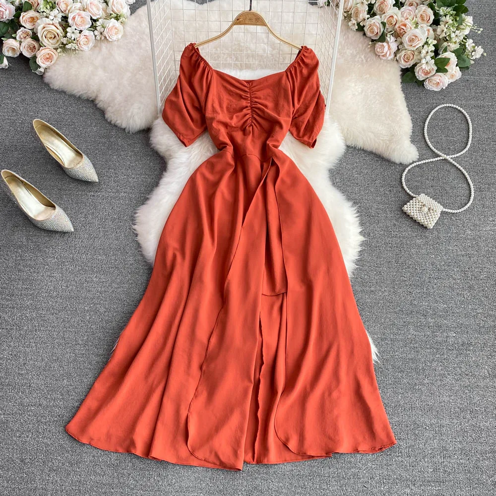 

Vintage French Sexy Square Collar Long Split Shirring Dress Summer Party Folds Vestido De Festa Women Elegant Tunic Vestidos