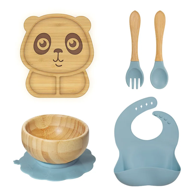 

Baby suction cup bowl Split compartment bamboo plate Complementary food fork spoon Silicone bib Children's cutlery set