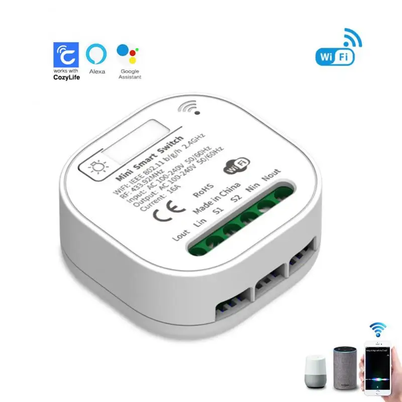 

16A Mini Smart Wifi Switch Supports 2 Way Control, Smart Cozylife Remote Voice Control Work With Alexa Google Home 433MHz Switch