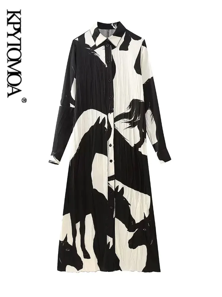 

KPYTOMOA-Women's Printed Midi Shirt Dress, Long Sleeve, Button-up, Female Dresses, Fashion