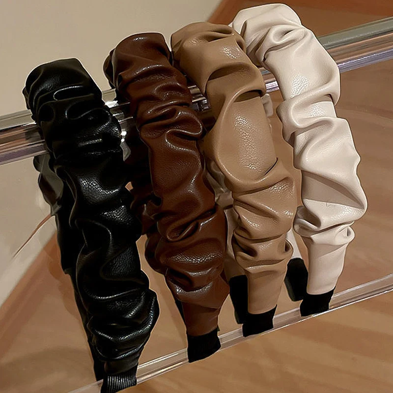 

Fashion Wide PU Leather Hair Bands For Women Headdress Solid Headband Bezel Girls Hairband Hair Hoop Female Hair Accessories