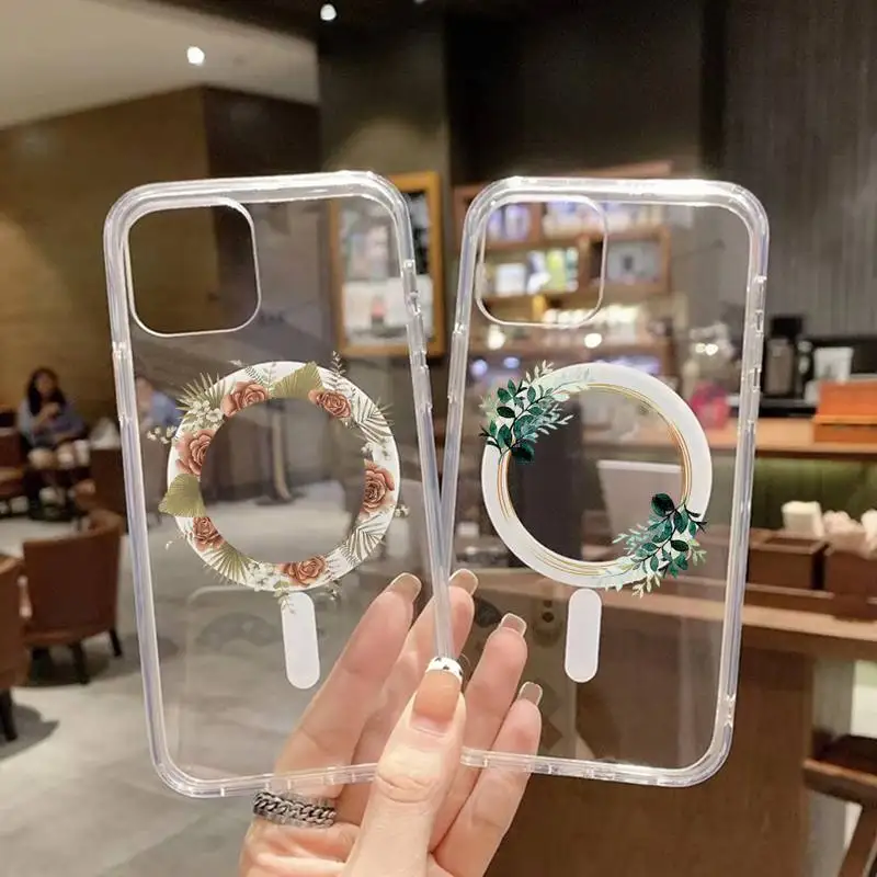 

wreath Phone Case For iPhone 13 12 11 Mini Pro Max transparent Super Magnetic MagSafe Cover