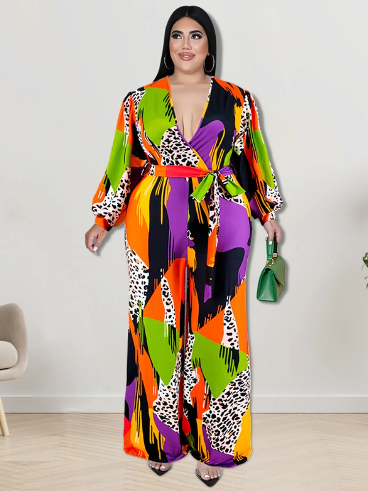 Big Size 5XL Sexy Print Jumpsuits V Neck Long Sleeve Jumpsuit Women 2022 Autumn Romper Wide Leg Long Pants Casual with Sashes