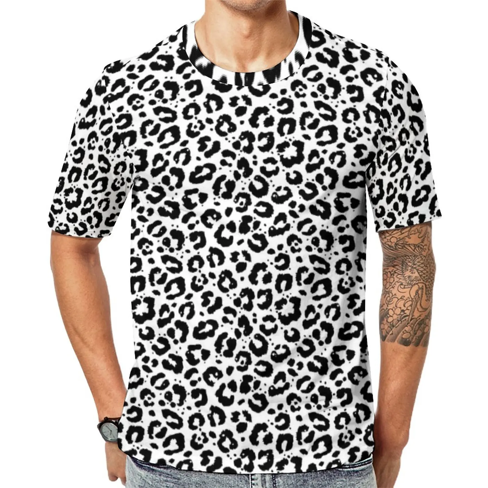 

Черно-белая футболка с леопардовым принтом, футболка с изображением животного в стиле Харадзюку, футболка Y2K, топы с коротким рукавом и графическим рисунком