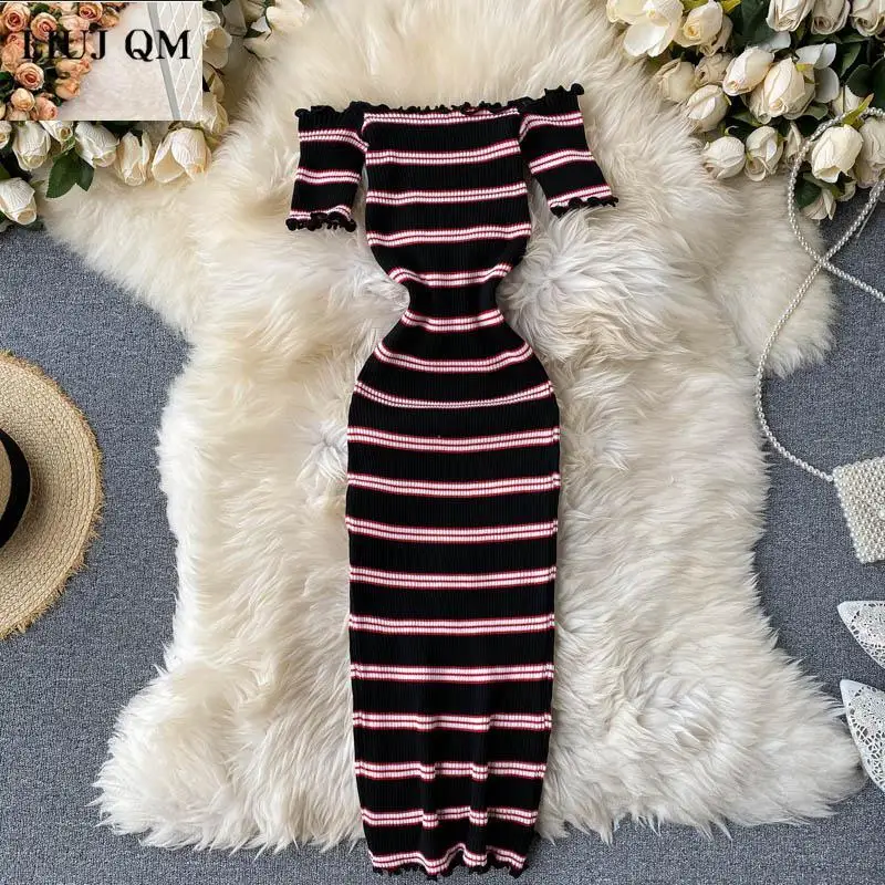 

Sexy Knitted Dress Women 2022 Summer Ladies Slash Neck Short Sleeve Striped Slim Mini Pencil Dress Korean Sweet Party Dresses