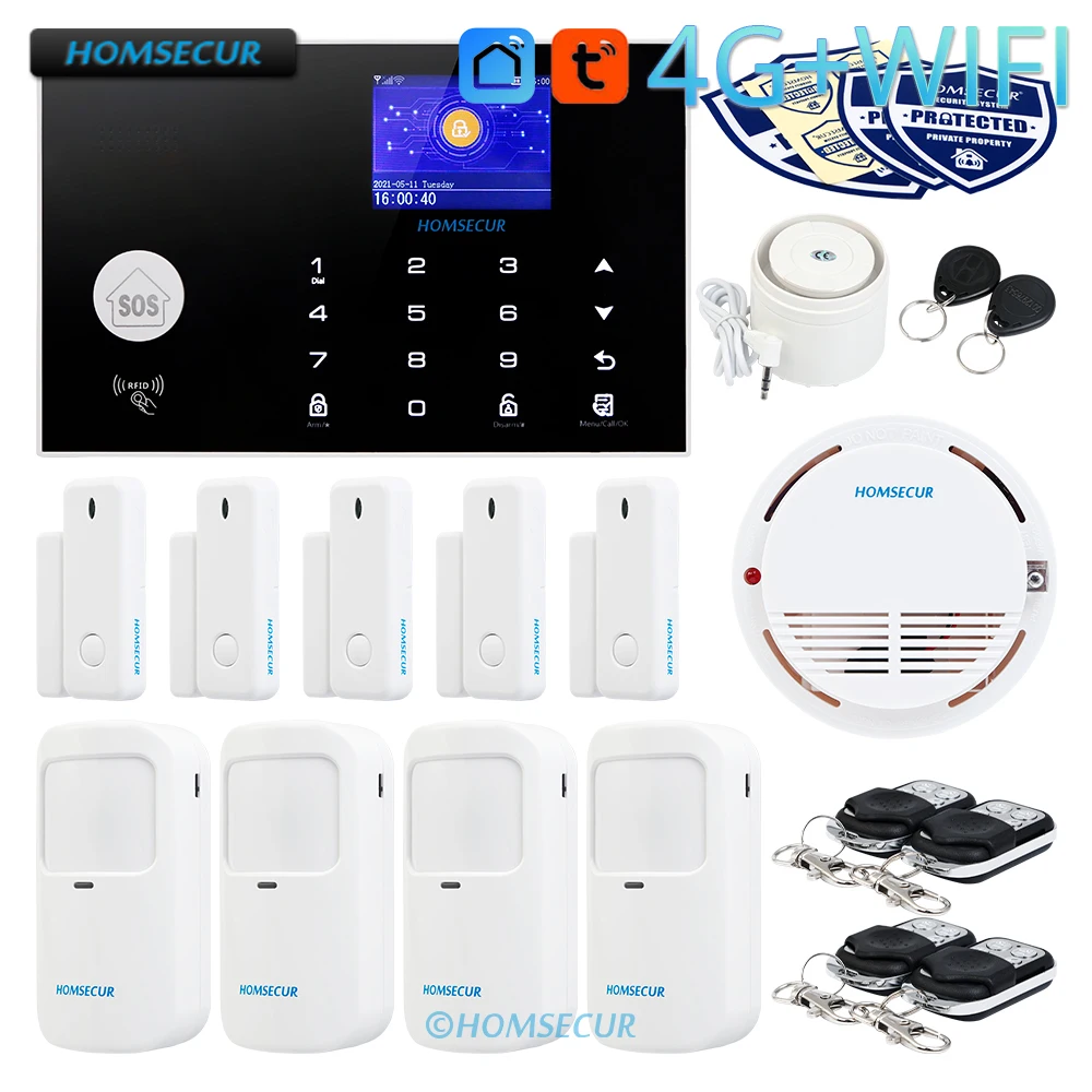 

HOMSECUR Tuya Wireless&Wired WIFI 4G/3G/GSM SMS Autodial Burglar Alarm System+Smoke Detector+5xDoor Sensor+4xPet Friendly PIR