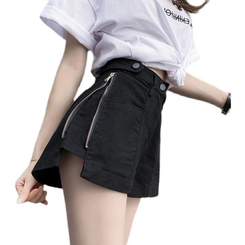 Denim Shorts Women Three-point Casual High Waist Showing Slimming 2023 Summer A-line Girls Wide Leg Side Zipper Letter Hot Pants
