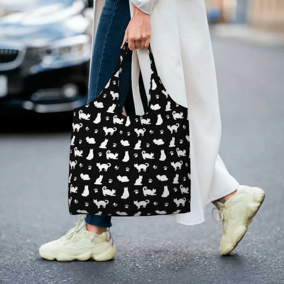 

Black Cat Shopping Bag Paw Prints Pattern Travel Polyester Handbags Woman Bulk Funny Bags