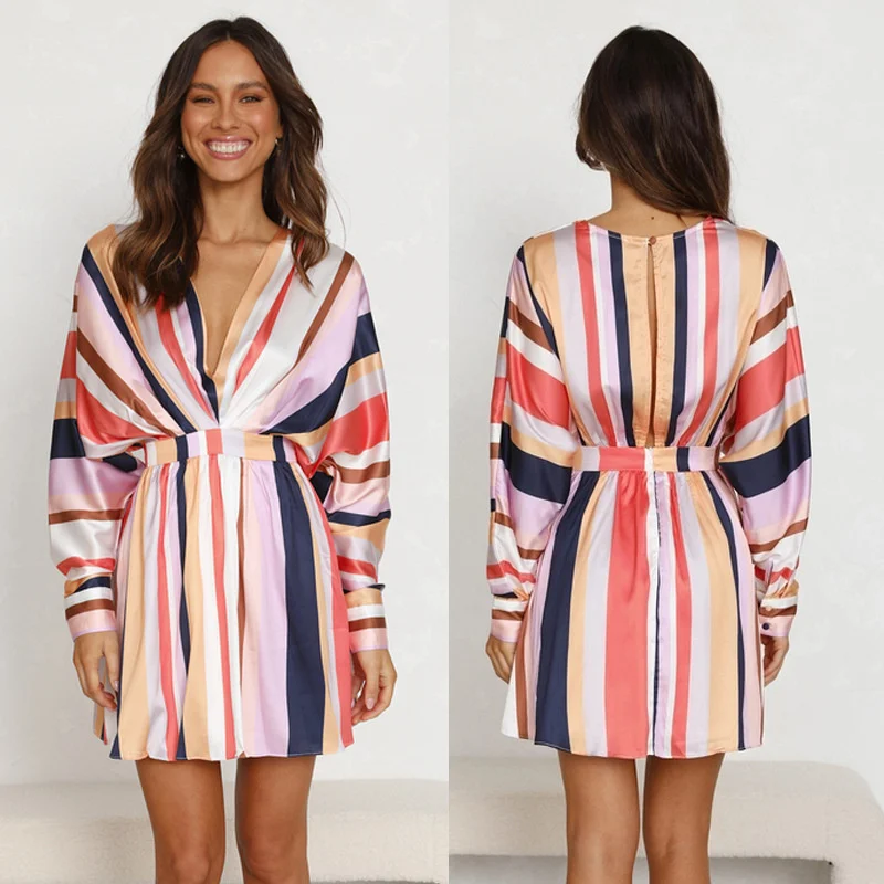 

2022 autumn new sexy V-neck stripe long sleeve button dress women