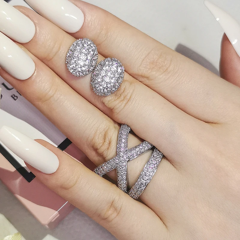 

2pcs Pack Silver Color Bride Jewelry Set Halo Engagement Ring Round Stud Earring for Wedding Gift Dubai Jewelry Sets J6305