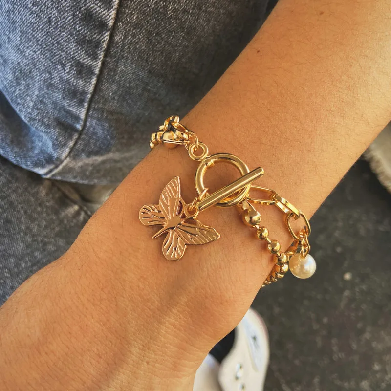

New Creative Alloy Pearl Butterfly Pendant Bracelets for Women Simple Jewelry