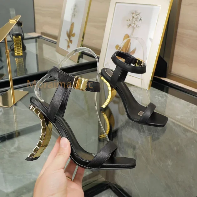 Strange Style High Heels Metal Watch Chain Square Toe Sandals for Women Summer 2023 New Fashion Women's Shoe Party Catwalk