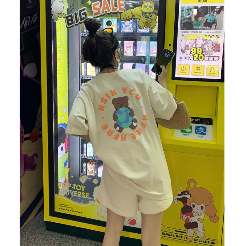 

College style bear print loose short sleeve T-shirt sports casual shorts women's summer 2022 new fashion suit