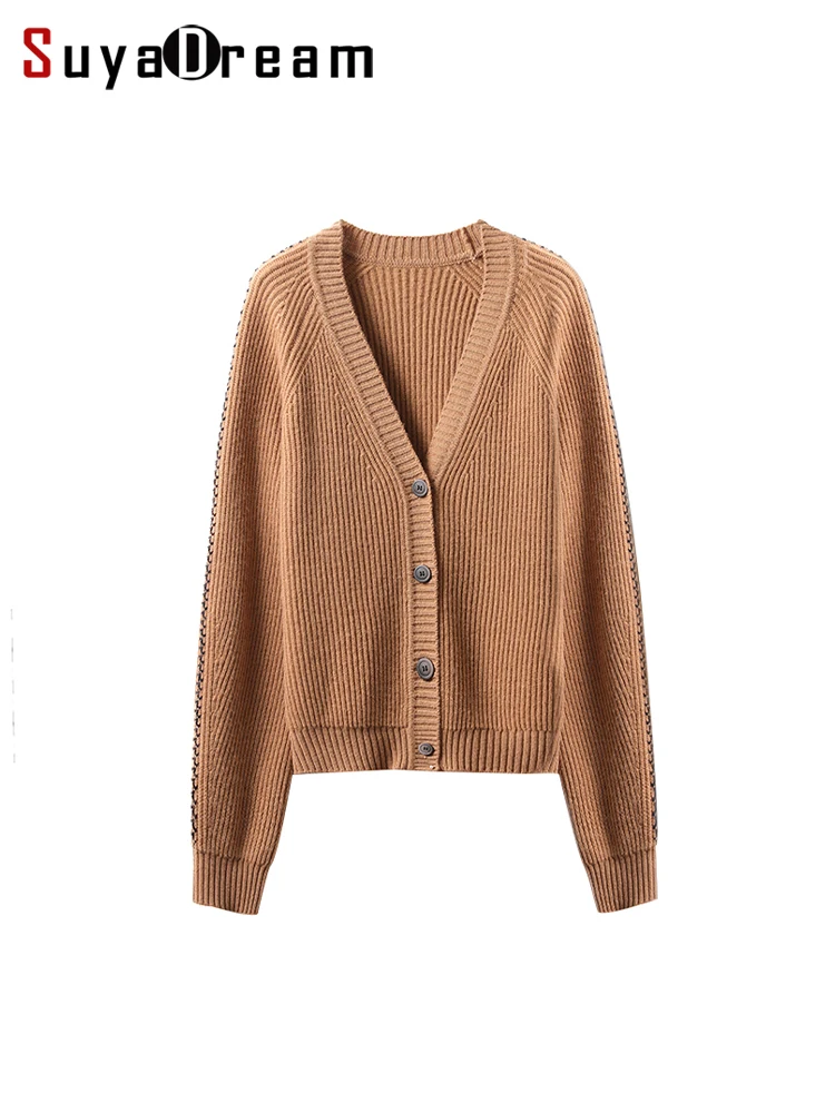 SuyaDream 100%Wool Heavy Cardigans For Woman 380g 2022 V Neck Single Breasted Chic Sweaters Fall Winter Warm Jackets