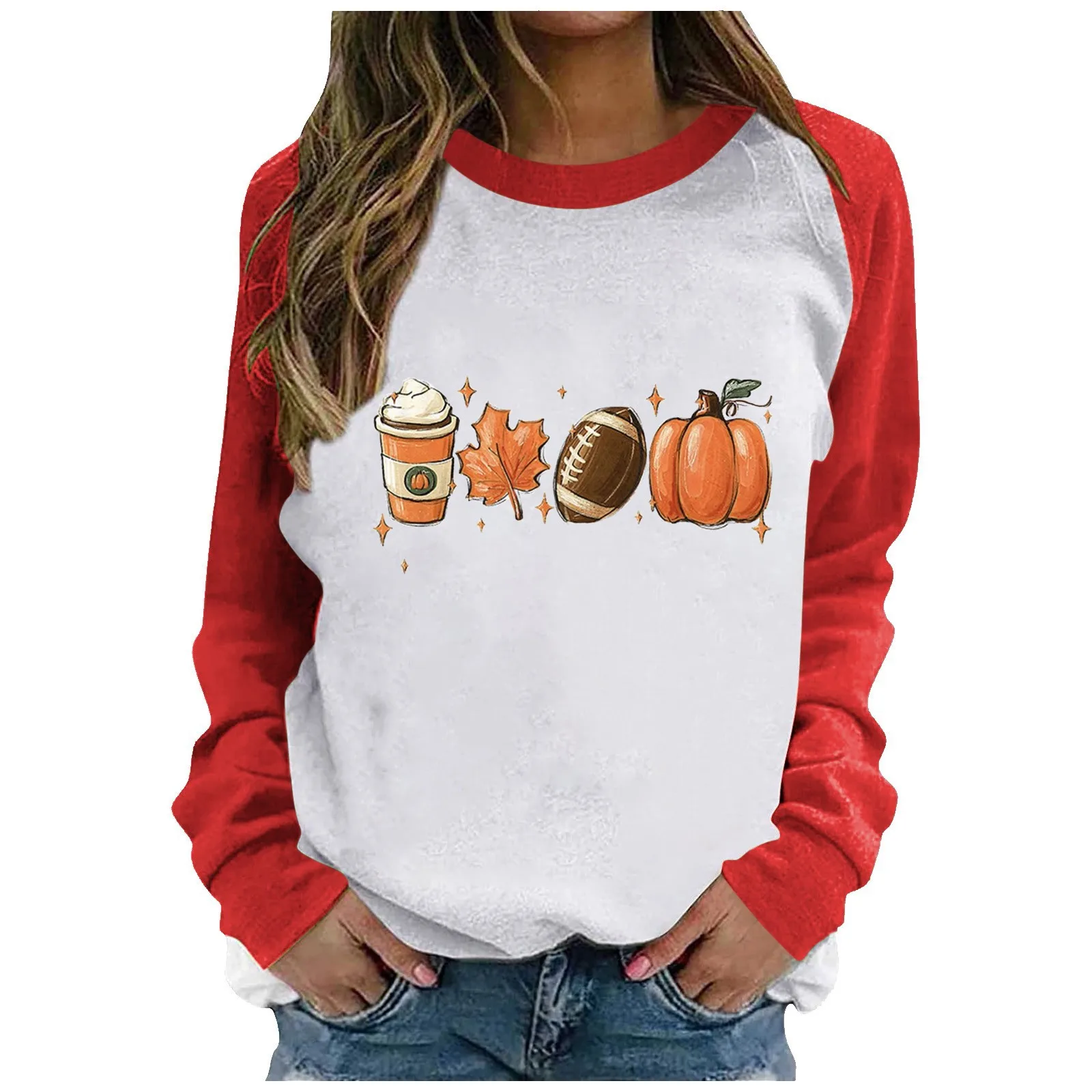 

Women Autumn Tops Long Sleeve Crewneck Sweatshirt Casual Loose Fit Pollover Pumpkin Coffee Autumn Fall Thanksgiving Tees