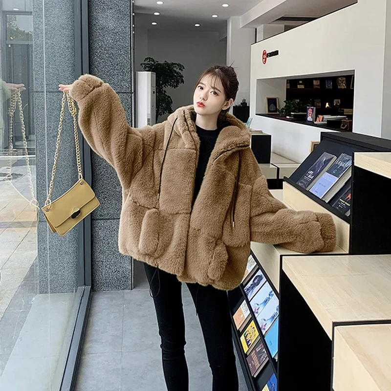 Faux Fur Coat Women's Fashion Thicken Winter Plus Size Loose Warm Jacket Parker Mink Faux Casual Leopard Print Hooded Jacket