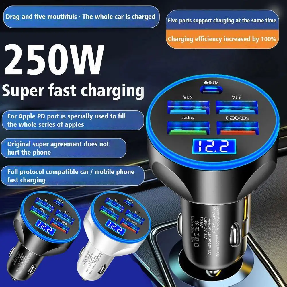 5 Ports USB Car Charge 250W Quick 7A Mini Fast Charging For 