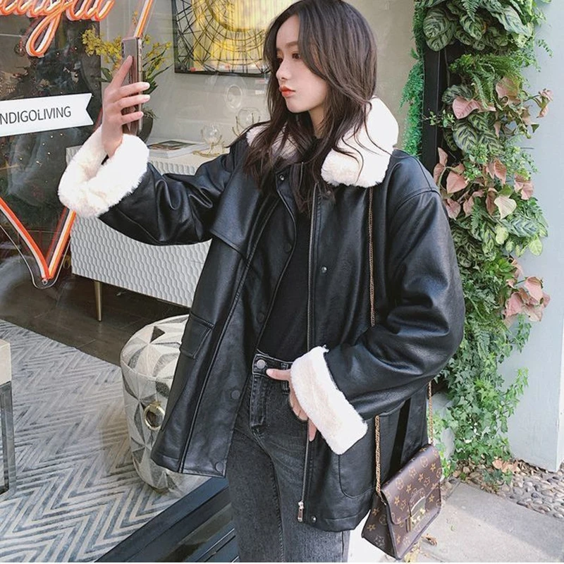 New Autumn Winter Warm Leather Jacket Women's Short Slim Faux Rabbit Fur Collar PU Biker Coat Thicken Fur Liner Female Clothing