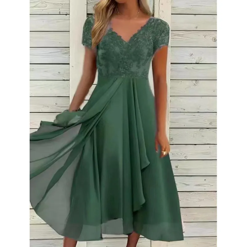 2022 Spring And Summer Women Chiffon Panels V-neck Lace Cutout Maxi Bridesmaid Evening Dress