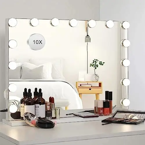 

Makeup Mirror with Lights,10X Magnification,Large Lighted Vanity Mirror with 15 Dimmable LED Bulbs,3 Color Mode,Touch Control,T