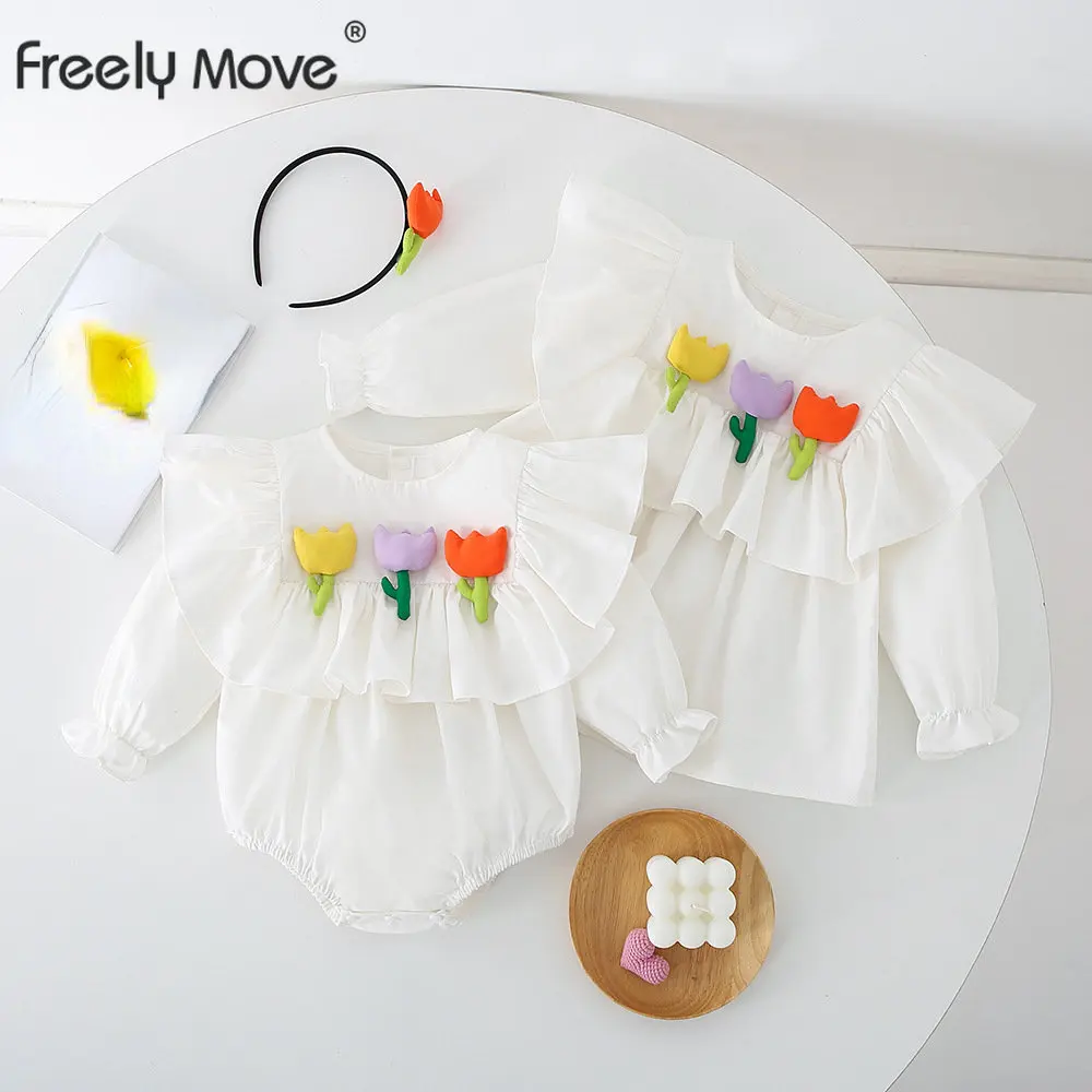 

Freely Move 2022 Baby Autumn New Clothing Toddler Baby Girl Floral Ruffle Romper Dress Bodysuit Outfit Sister Matching Clothes