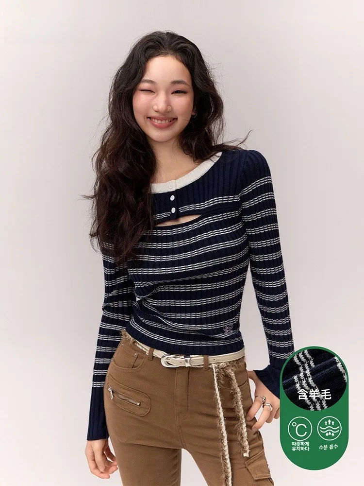 CHUU вязаная женская рубашка с вышивкой и бантом зима 2024 новая полосатая