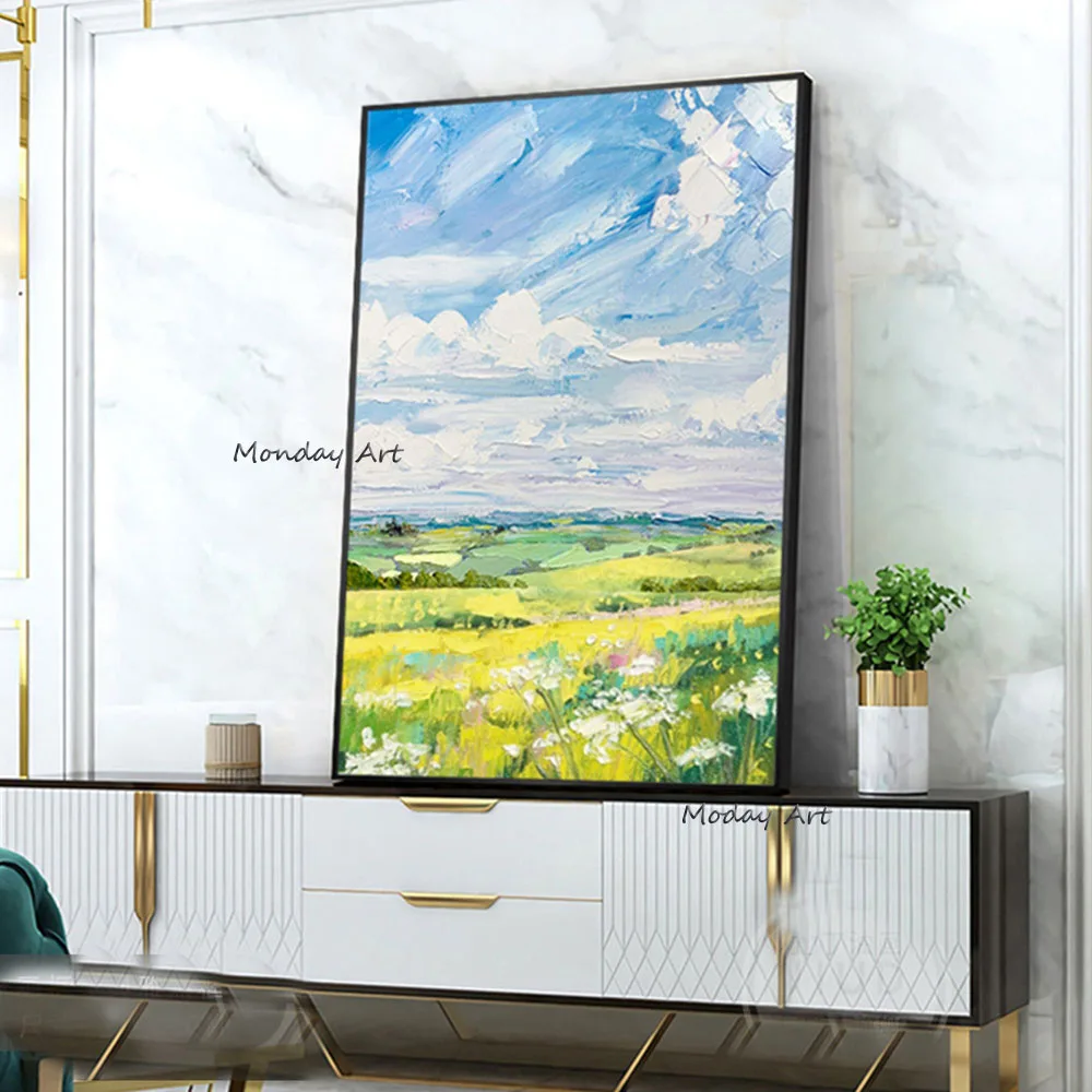 

Масляная живопись ручной работы, абстрактный пасторальный пейзаж, современное простое украшение для ресторана, гостиной, крыльца