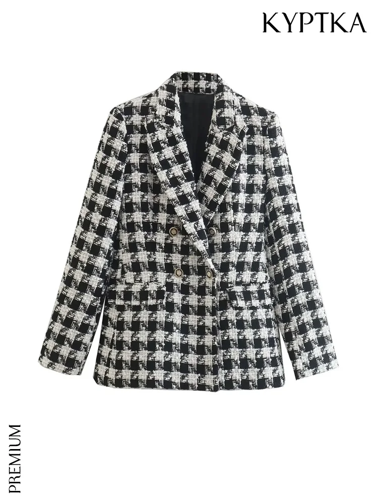 

KYPTKA Women Fashion Tweed Houndstooth Checkered Blazer Coat Vintage Long Sleeve Flap Pockets Female Outerwear Chic Veste