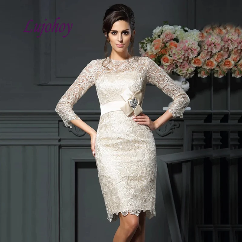 

Champagne Long Sleeve Lace Mother of the Bride Dresses Plus Size for Weddings Knee Length Godmother Groom Dinner Dresses Gowns